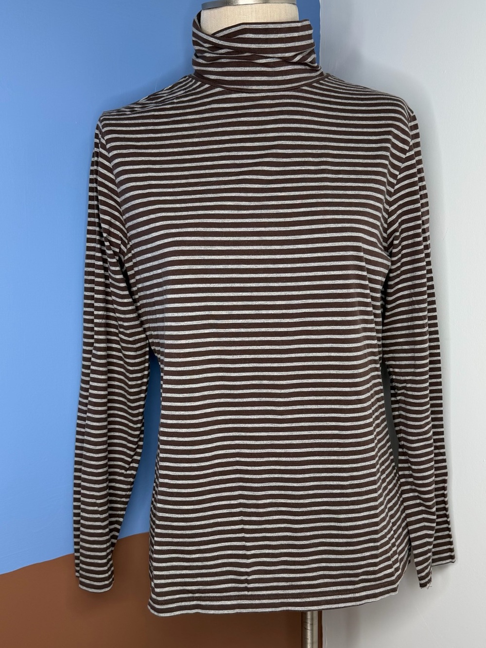 L.L. Bean Striped Brown and Grey Turtleneck‎ Long Sleeve Top Cotton Size Large